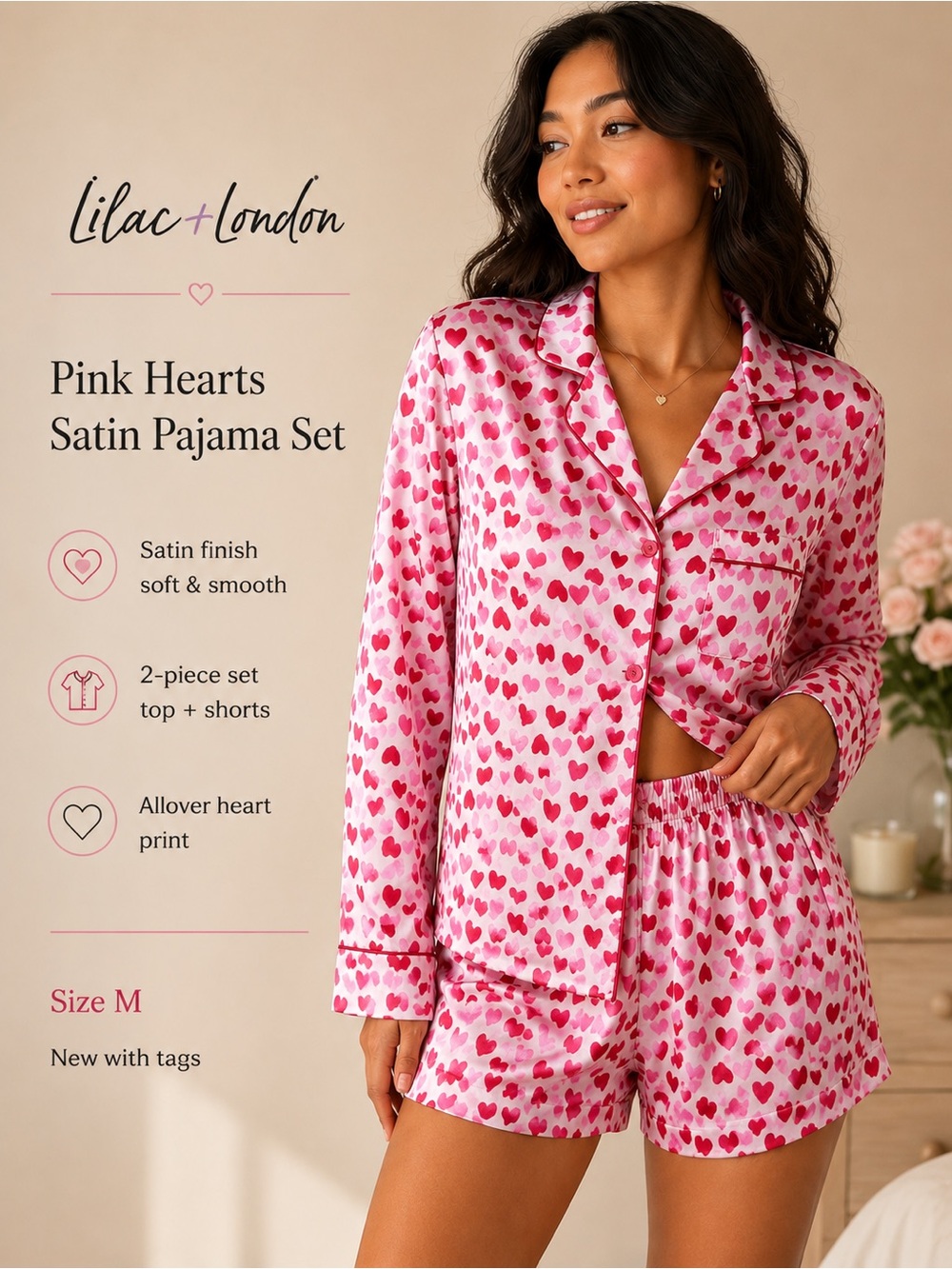 Lilac + London Pink Hearts Satin Shortie Pajama Set Size M NWT
